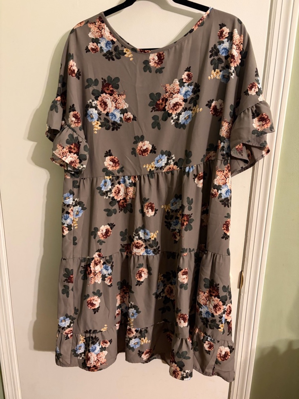 Floral Tiered Ruffle Sleeve Dress - Gray with Blue & Blush Flowers